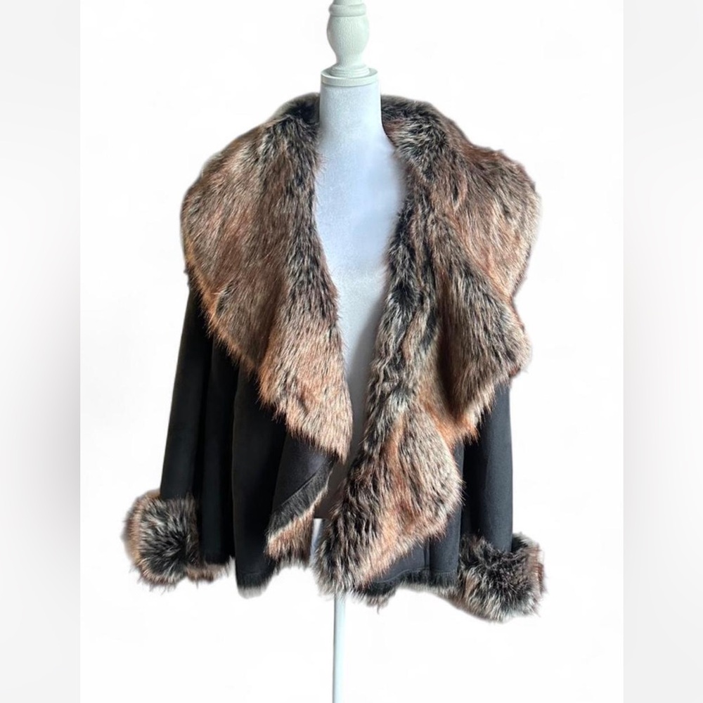 Donna Salyers Fabulous Furs faux fur and faux leather draped jacket